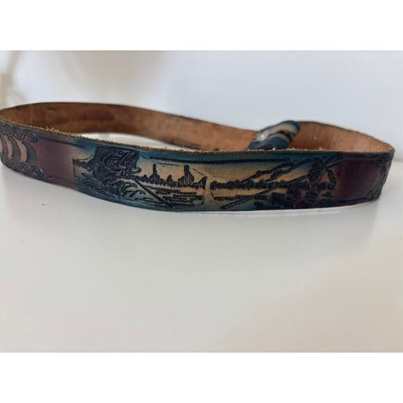 Fish Belt Buckle Tooled Leather River Detail 38" - Picture 4 of 5